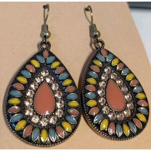 Boho‎ Multicolored Teardrop Earrings With Champagne Colored Rhinestones